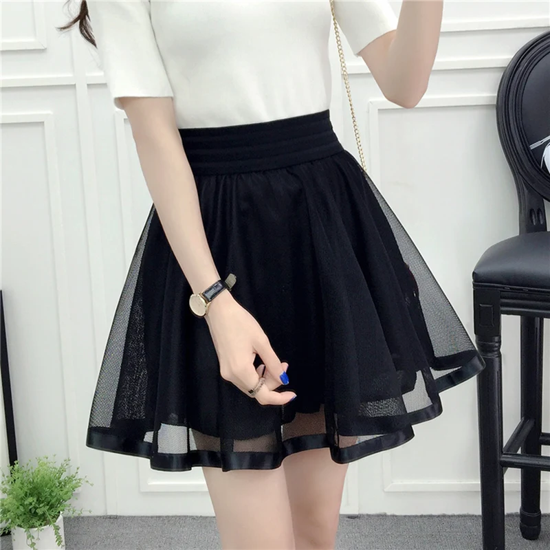 

Black lace gauzy skirt women's spring summer pantskirt elastic waist petti skirt high waist gauzy bottoming short skirts