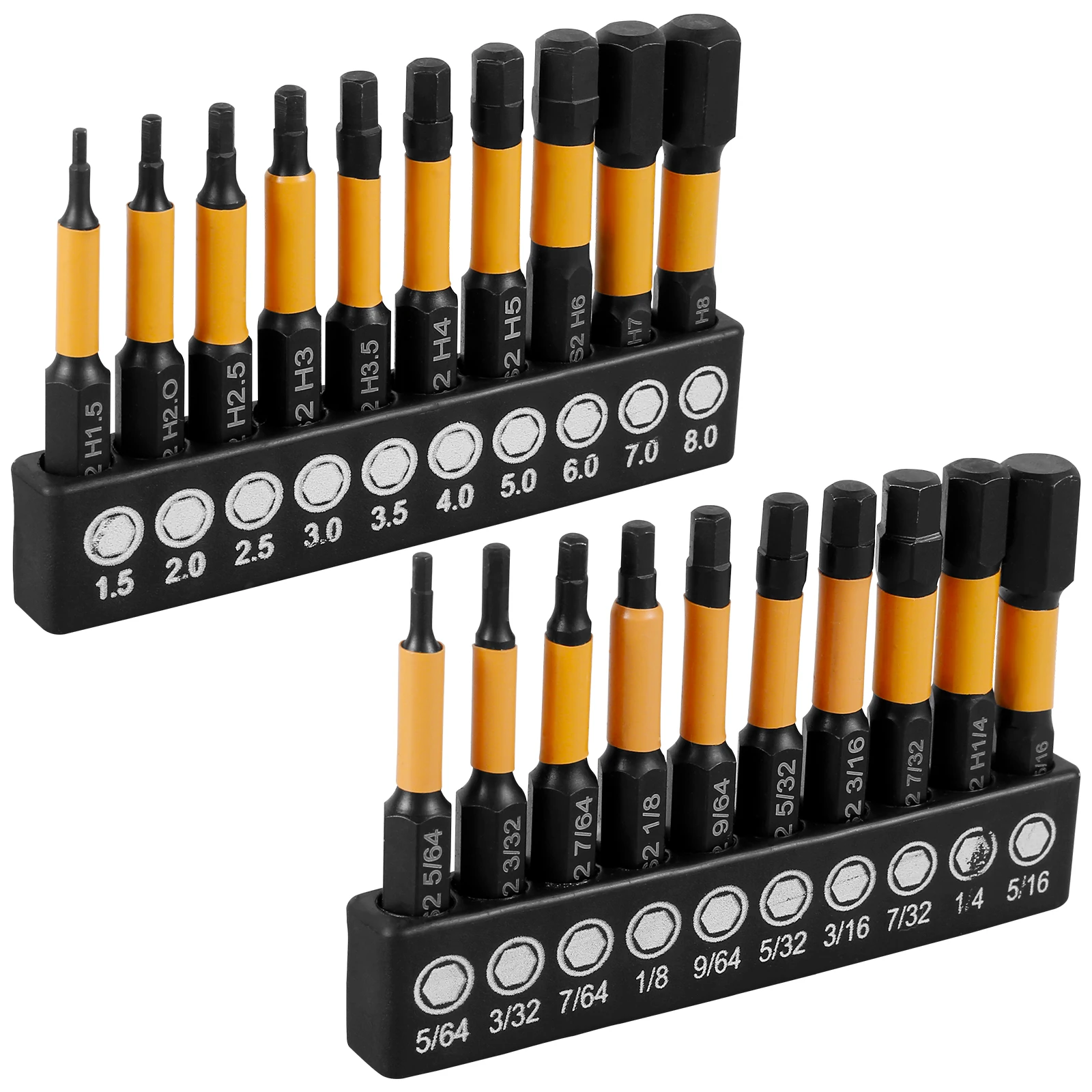 20PCS Impact Allen Wrench Drill Bit Set (Metric&SAE), 4" Long Hex Head Allen Wrench Drill Bit Set, 1/4" Hex-Shank S2 Steel Head With Quick Release Bit, CNC Machined Tips With Magnetism