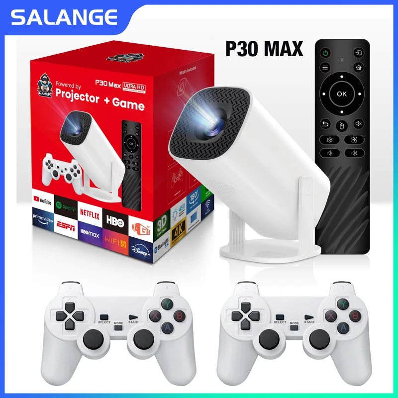 Salange P30 Max Video Game Console Include 2 Wireless Game Controllers 3800 Games Support 4K 1080P Android11 Portable Projector portable projector,mini projector,video projector