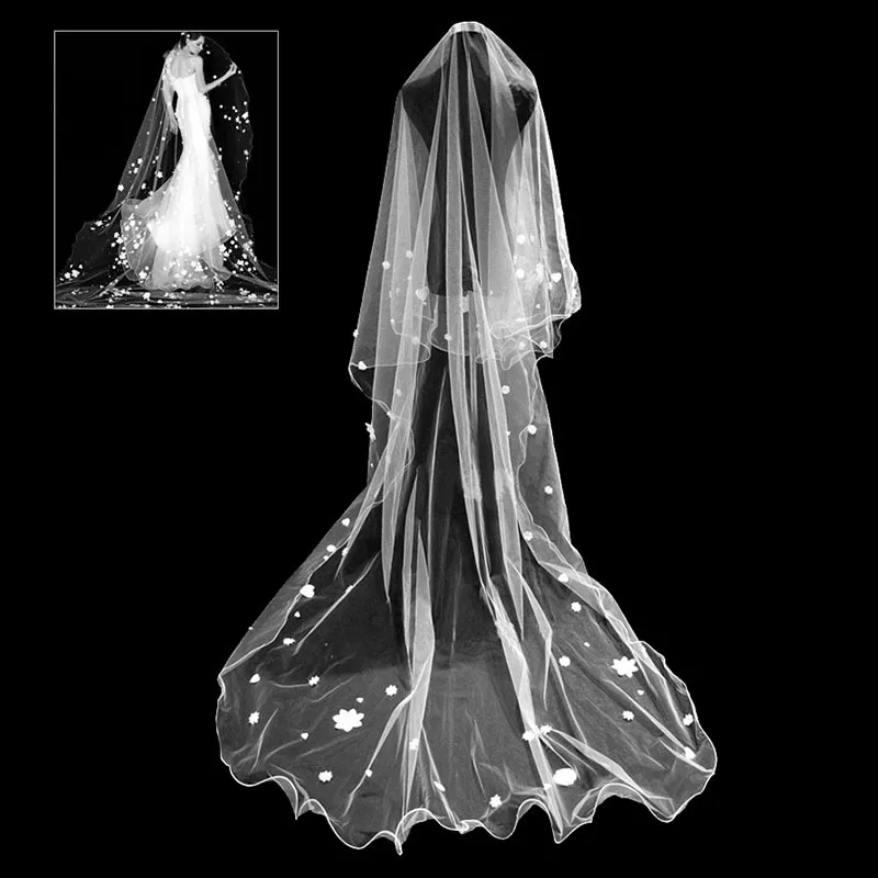 Bridal Veil Long Silk Thread With Curled Edges Full Of Stars Love Sticky Flowers Wedding Photo Trailing Bride Veil Velo De Novia