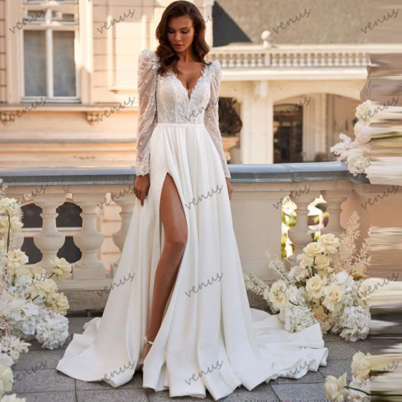 Elegant Wedding Dresses A-Line Satin Bridal Gowns Lace Appliques Sexy Robes Deep V-Neck Vintage Vestidos De Novia Customized 4