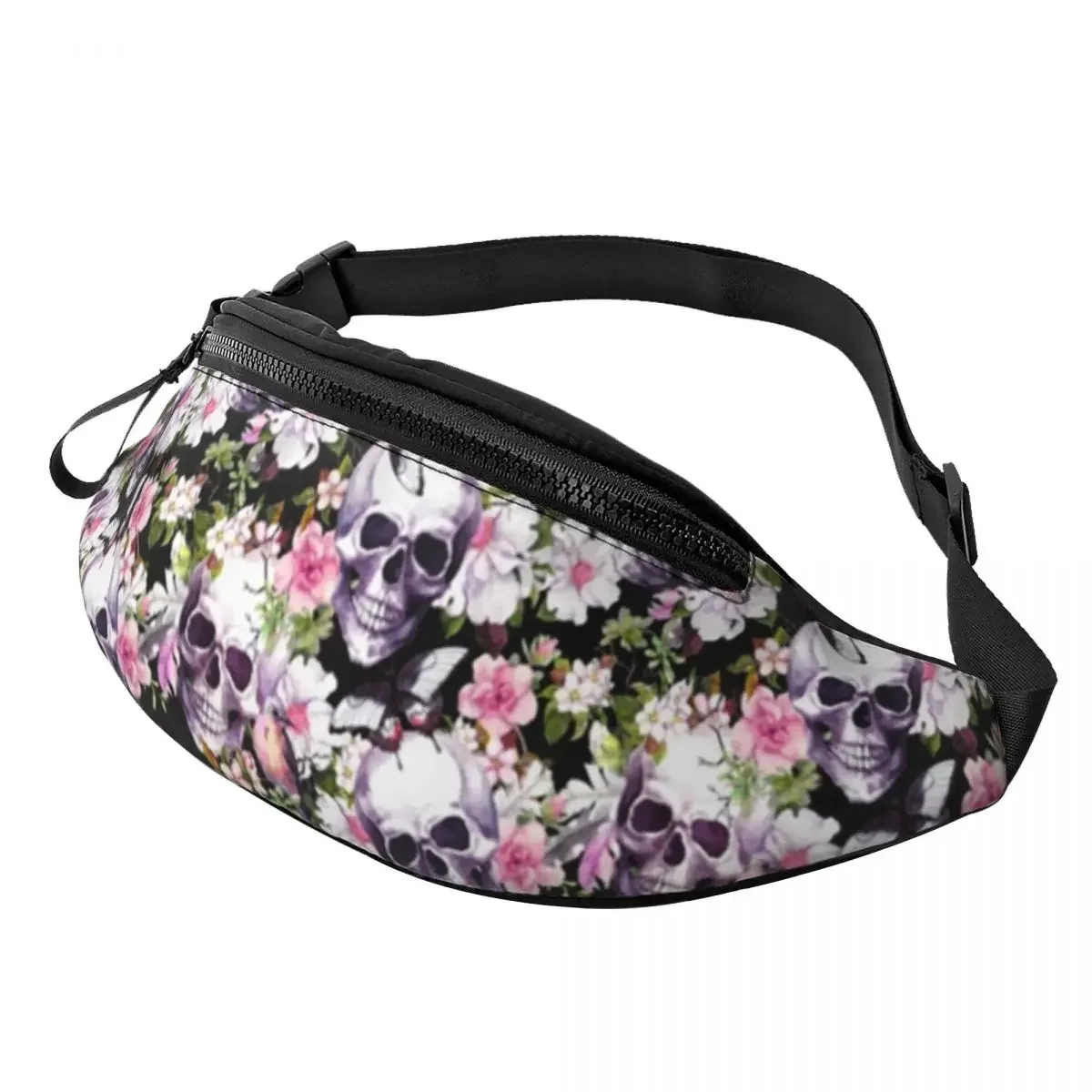 

Custom Floral Skulls Pattern Fanny Pack for Women Men Fashion Flower Crossbody Waist Bag Cycling Camping Phone Money Pouch