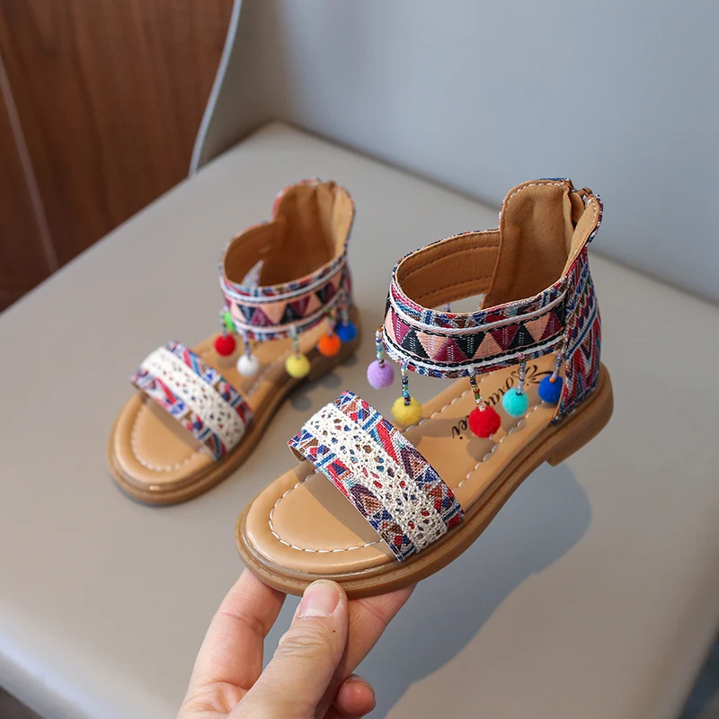 Girls Gladiator Sandals Ethnic Chinese National Sandals 2025 Summer Kids Beach Shoes Embroidery Zipper Open Toes Princess Korean