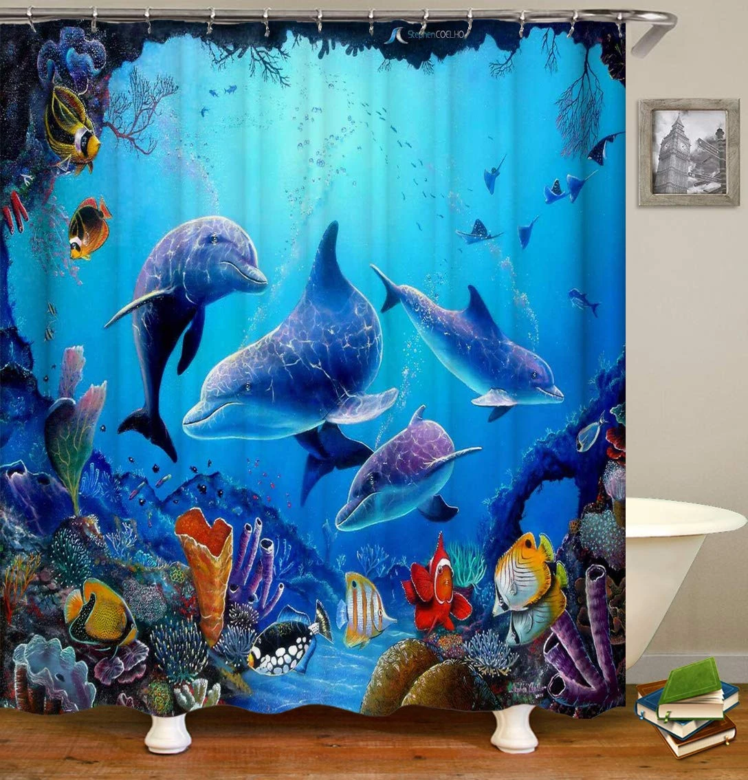 Dolphin Shower Curtain, Blue Underwater World Marine Life , Polyester