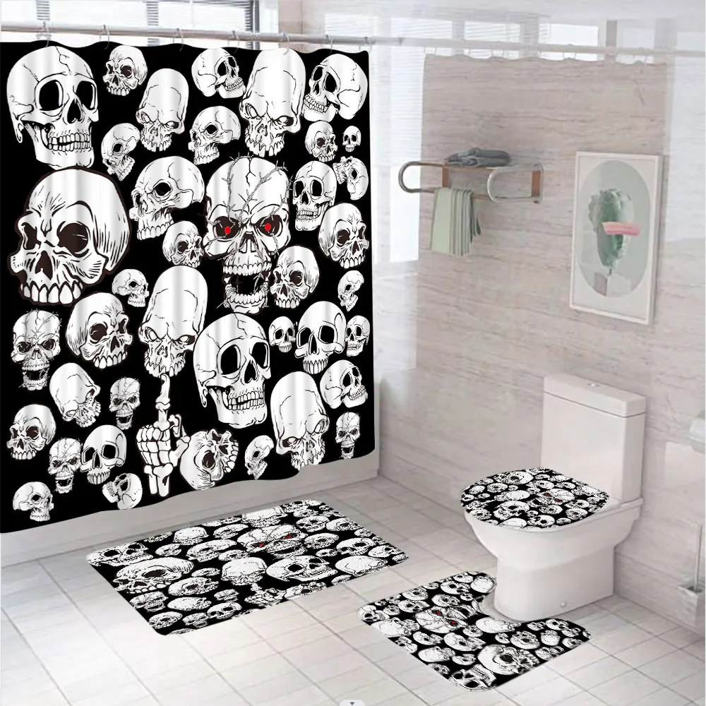 

4Pcs Halloween Skull Shower Curtain Set Black White Skeleton Bath Screen Bathroom Mat Non Slip U-Shaped Rug Carpet Toilet Cover
