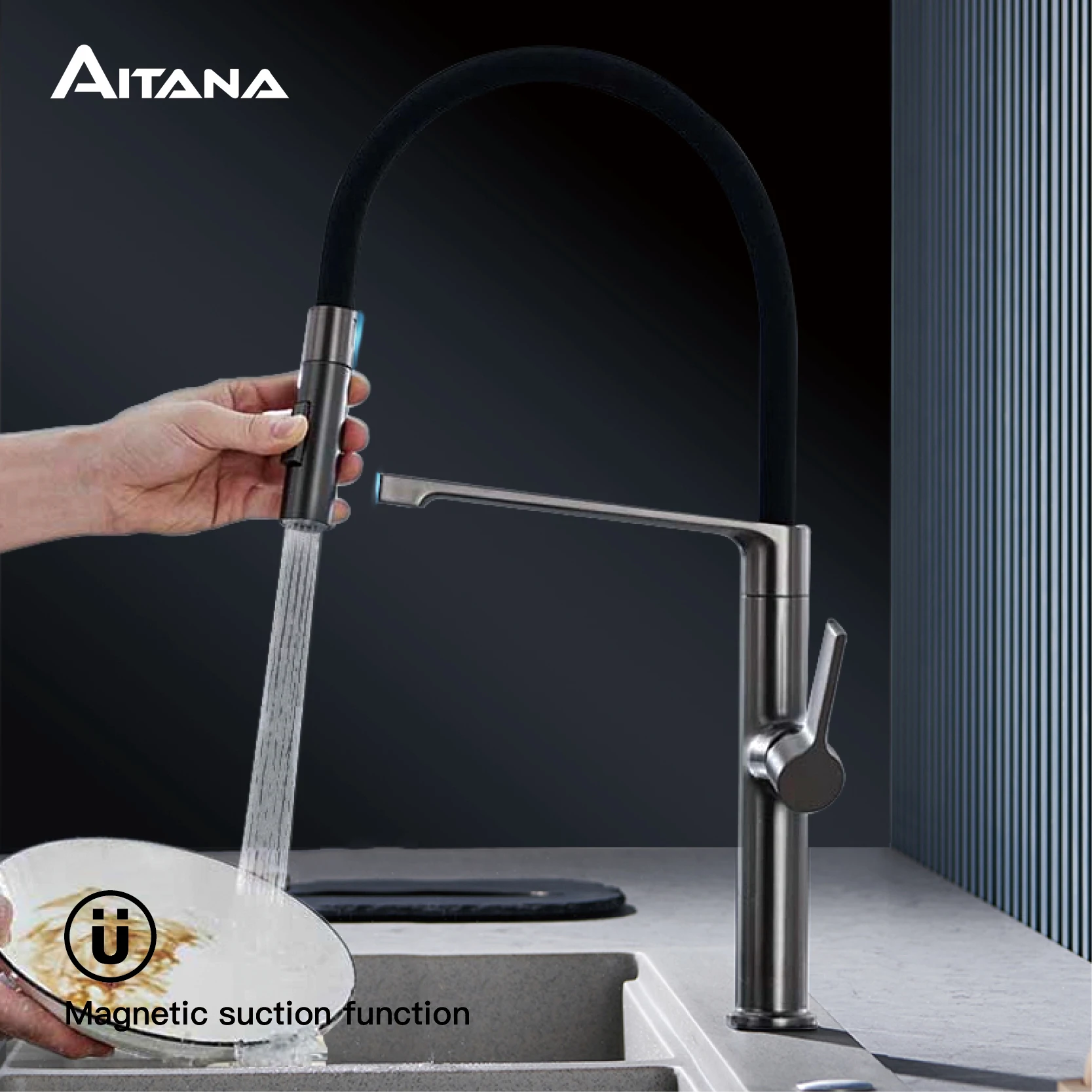 Black kitchen faucet pull-out magnetic suction design single handle cold and hot dual control high-end rotatable sink faucet