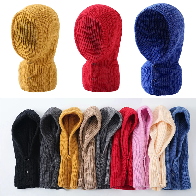 

Adjustable Winter Balaclava Hats For Men Women Knitted Hooded Caps Outdoor Warmer Drawstring Hats One-Piece Neck Collar Cap