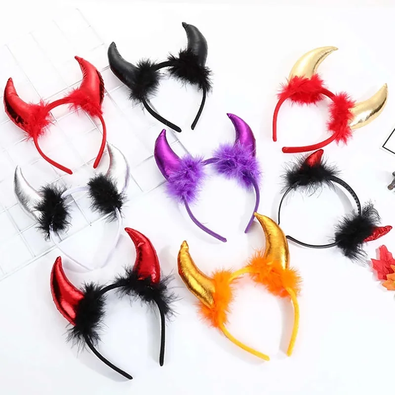 

Funny Devil Ears Headband Glitter Plush Cow Horn Hairband Cosplay Halloween Party Adults Children Cosplay Decoration Hair Hoop