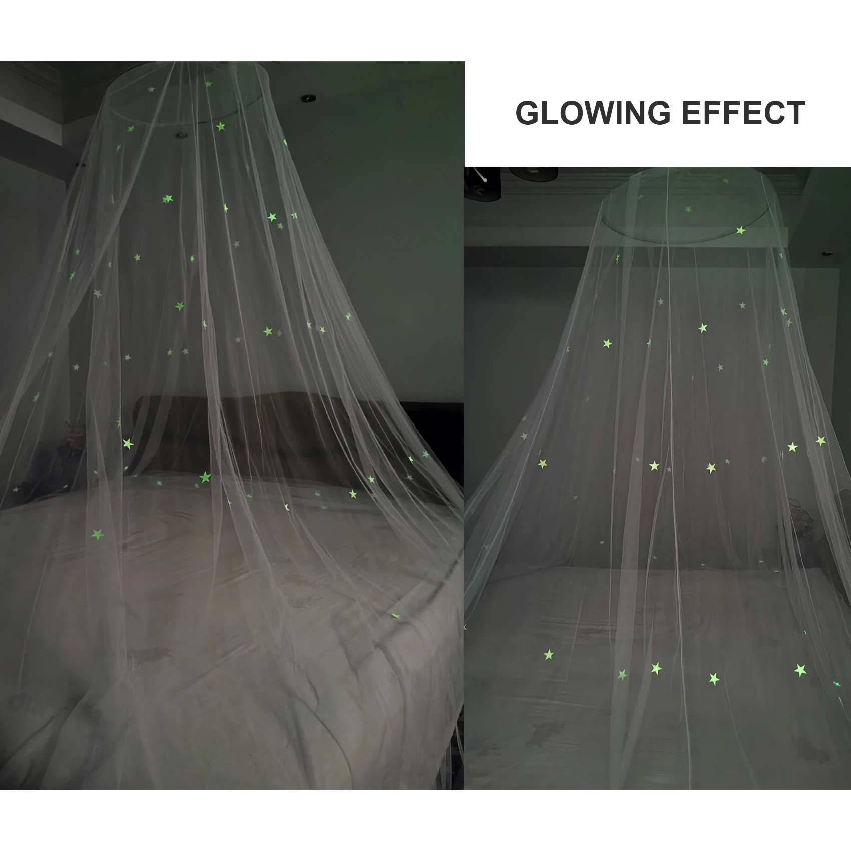 Cama dossel com estrelas fluorescentes brilham no