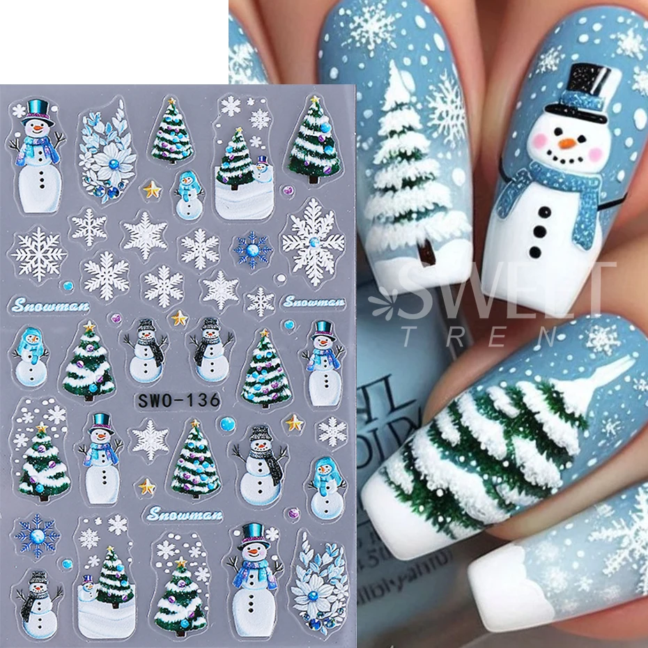 2/3pcs Embossed Christmas Nail Stickers Cute Snowman Snowflakes Bow Gingerbread Christmas lights Nail Decor Decals Nail Supplies
