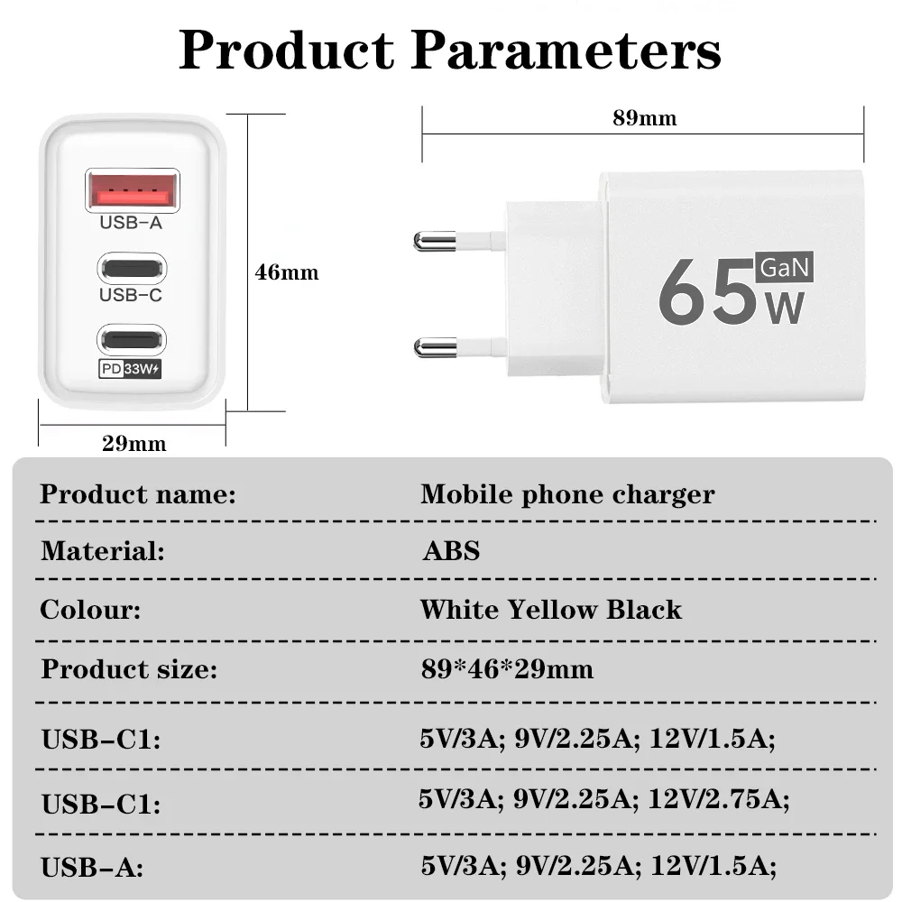 65W GaN PD USB C Fast Charger 3 Port EU US Quick Charge 3.0 For iPhone 16 15 14 Pro Max Xiaomi Samsung Mobile Phone Wall Adapter