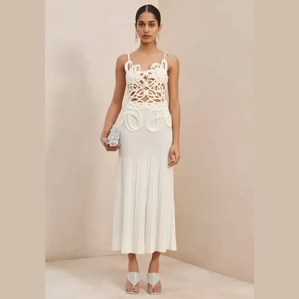 Sexy Knit Maxi Slip Dress Elegant Party Evening Long Dresses White Green Holiday Outfits Chic Sleeveless Hollow Beach Dress 2024
