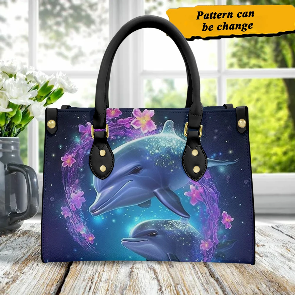 Women's Pu Leather Clutch Bag Cute Dolphin Pattern High Quality Portable Top Handle Cross Body Blue Bags Girls Shoulder Handbags