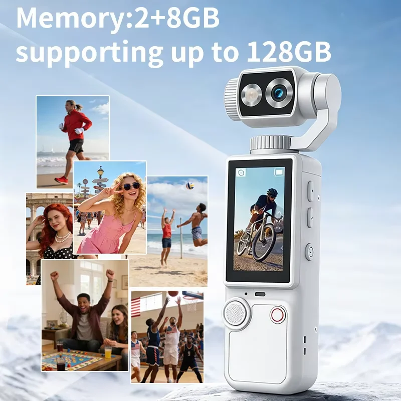 Caméra Action 360° 4K blanche avec carte 32GB incluse, posée sur une table avec accessoires.