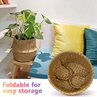 Woven Storage Basket Natural Seagrass Handmade Folding Clthoes Laundry Basket Straw Wicker Rattan Storage Flower Pot Beach Bag 4