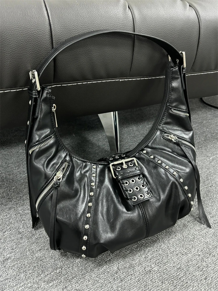 Brand Retro Motorcycle Bag 2025 New Wax Leather Cool Croissant Bag Rivet Zipper Design Shoulder Crossbody Dumpling Armpit Bags