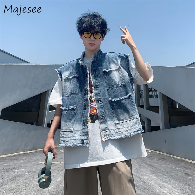 

Denim Vests Men Washed Streetwear American Hip Hop Teens Vintage Gradient Harajuku Waistcoats Y2k Clothes Handsome Cool Outwear