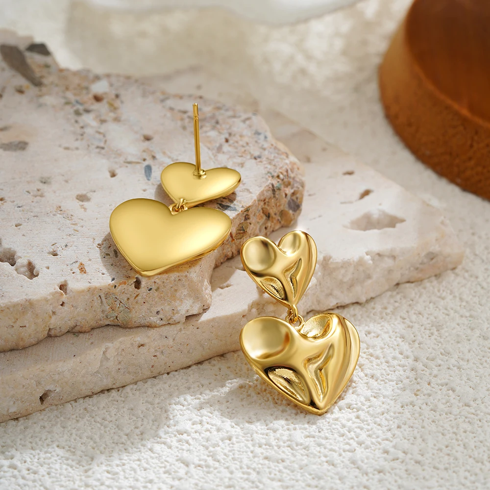 New Vintage Lava Textured Double Love Heart Dangle Earrings for Women Girls 18K Gold Plated Waterproof Statement Earring Jewelry