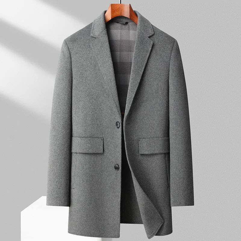 

New Men's Medium Length 70 Wool Double-sided English Style Fashion with Down Lining Casual Solid Color 90 White Duck Down Blazer