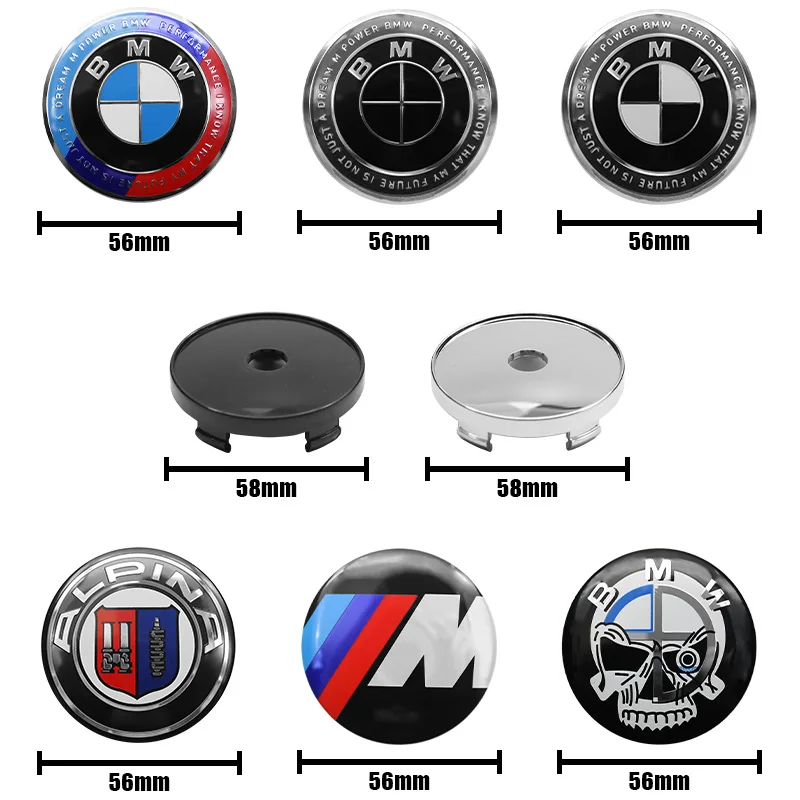 4개 세트 56mm+60mm 자동차 로고 휠 센터 캡 엠블럼 BMW 퍼포먼스 M E46 E90 E60 F10 E39 F30 E36 F20 E87 E90 E70 허브 커버 배지