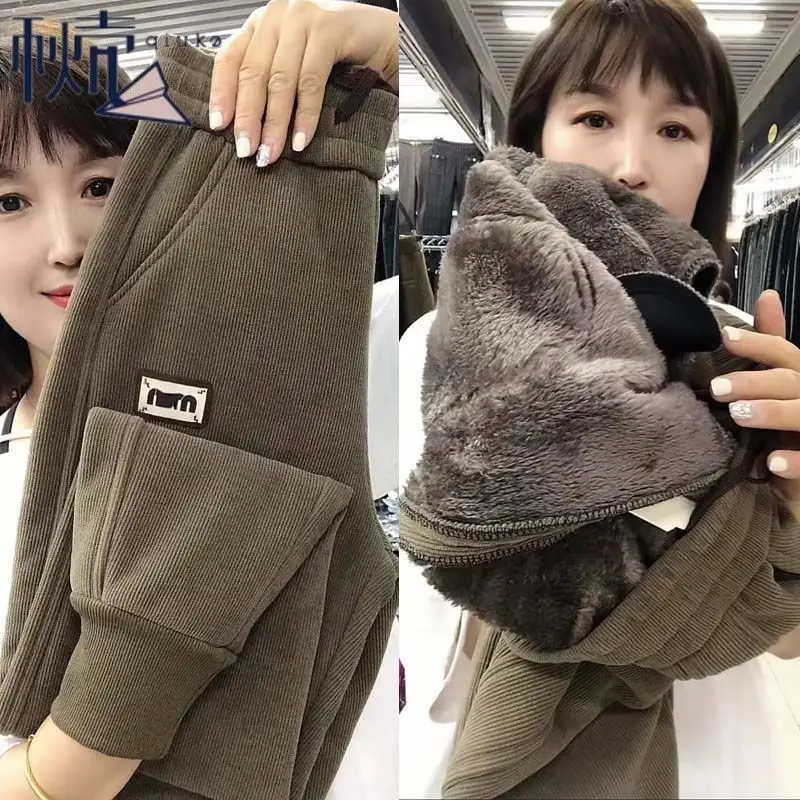 

Winter Warm Corduroy Harem Pants Women Thicken Velvet Lined Pantalones High Waist Big Size 4xl Loose Mom Spodnie Casual Trousers