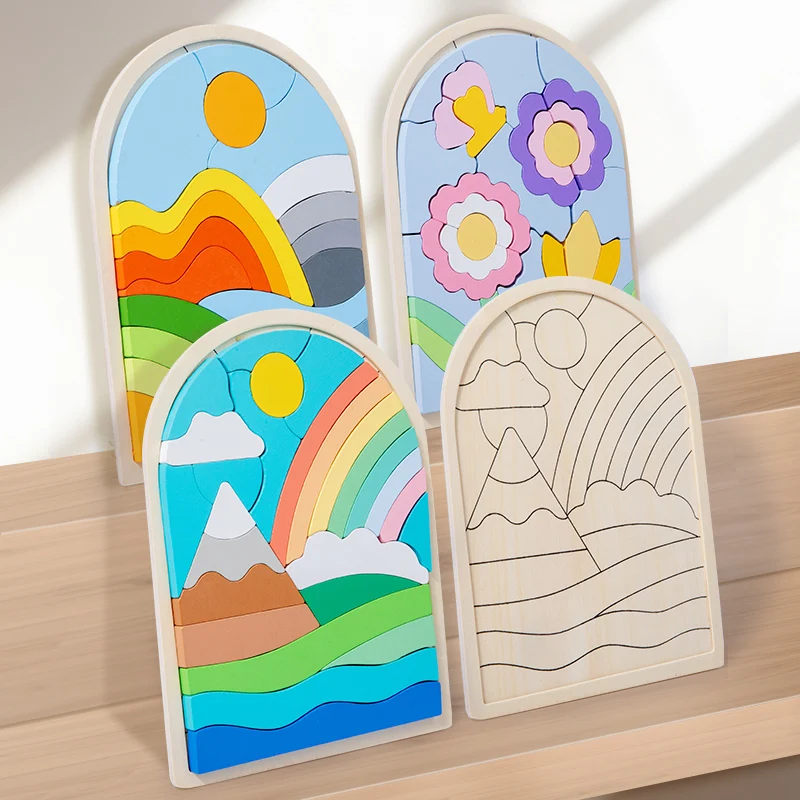 Wooden Rainbow Blocks Puzzle Rainbow Irregular Puzzles Shape And Color Cognitive Toys Early Educational Puzzle Toys 3