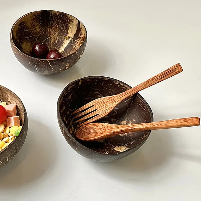 Natural Coconut Wooden Handmade Spoon Fork Knife Eating Dessert Fruit Salad Mixing Wooden Handmade Coconut Tableware Cutlery Set Picnic Cutlery Set Picnic Tableware Wooden Cutlery Set