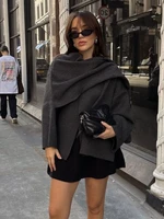 ZBZA Women Loose Asymmetric Scarf Knit Jacket Solid Long Sleeve Single Button Side Slit Cardigan Fall Winter New Lady Outerwear 1
