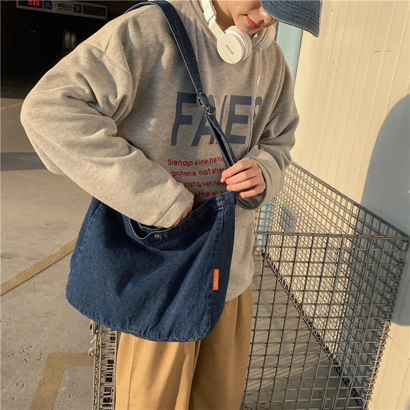 Trendy Japanese style Denim Messenger Bag - Soft Unisex Shoulder Backpack for Students & Couples