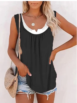 Summer ladies new casual loose solid color patchwork sleeveless blouse knitted vest women 1
