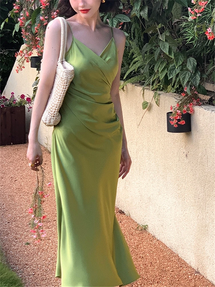

Beach Dress Sexy Women Summer 2022 New Fashion Evening Party Ladies Elegant Spaghetti Strap Sundress Vintage Satin Midi Dresses