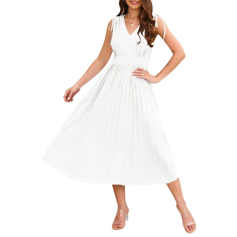 

V-neck Solid Trendy Leisure Skirt Elegant Party Dresses with Shoulder Tie Detail