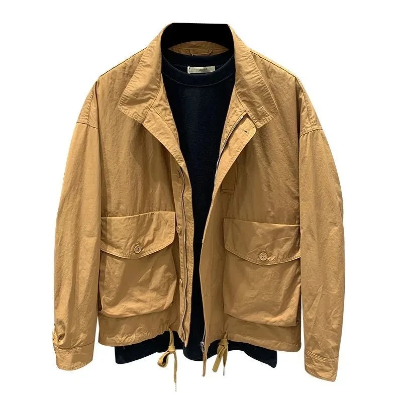 

Men's Clothing Spring Autumn New Japanese Casual Cargo Stand Collar Jackets For Men Loose Korean Short Top Solid Color Male Coat