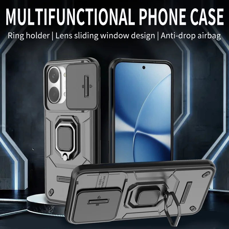Ring Holder Armor Rugged Case with Lens Sliding Cover Design - Durable Hard Shell Protecting Your Smartphone