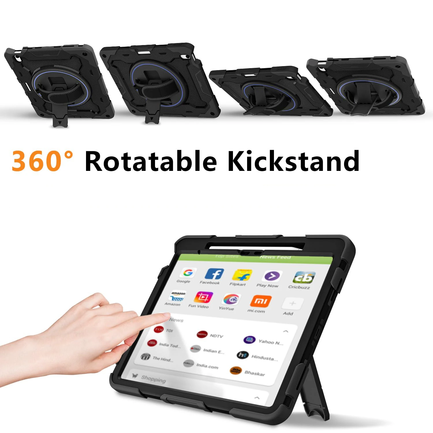Heavy Duty Rotating Shockproof Tablet Case with Stand and Shoulder Strap - Black