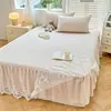 1PCS Pink Elegant Princess Bed Skirt Non-slip Mattress Cover Ruffled Lace Solid Color Bedsheet Protector Bedspread No Pillowcase 3