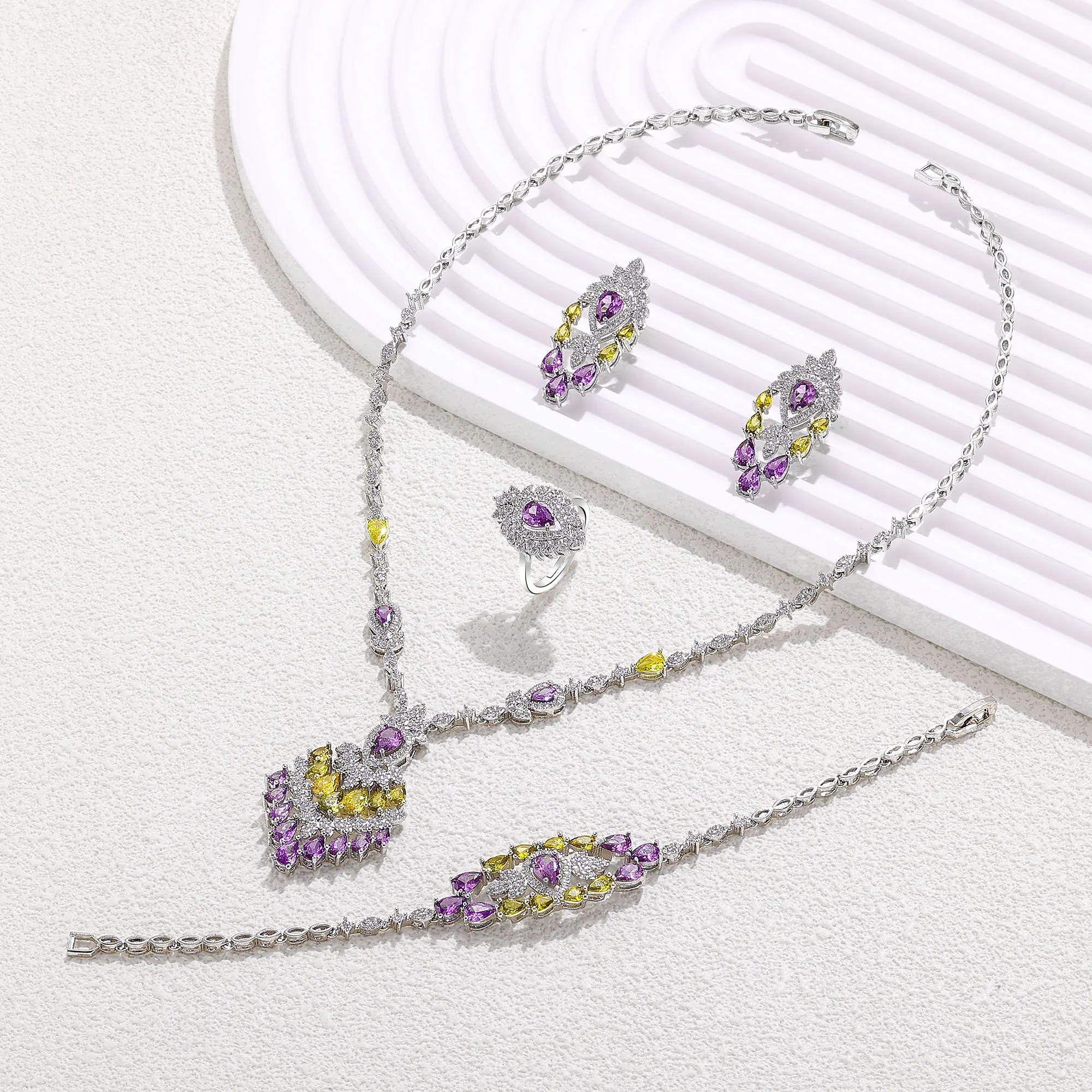 2024 Luxury Purple Cubic Zirconia Women Jewelry Set Gift Colorful 4-piece Bridal Necklace Set S22abcfc672c64bb2ba0581491b64d50cN