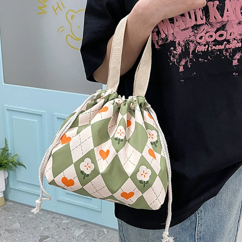 LEMETOW New INS Canvas Bag Water Bucket Cute Handbag Box Bag Cherry Print  Small Bag Cloth Lunch Box Bag Bucket Bag