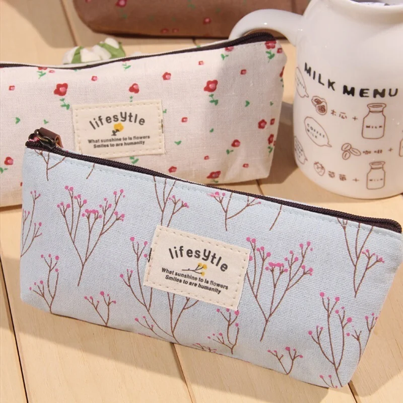 Floral Canvas Pencil Case Cute Fabric Flower Tree Small Fresh Style  Stationery Organizer Bag Zipper Cases School Supplies