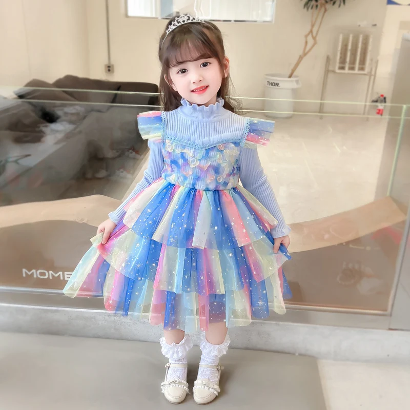 

Girls Rainbow Shiny Tulle Dress Sweet Long Sleeve Princess Dresses for Party Birthday Kids Autumn Winter Sweater Vestidos