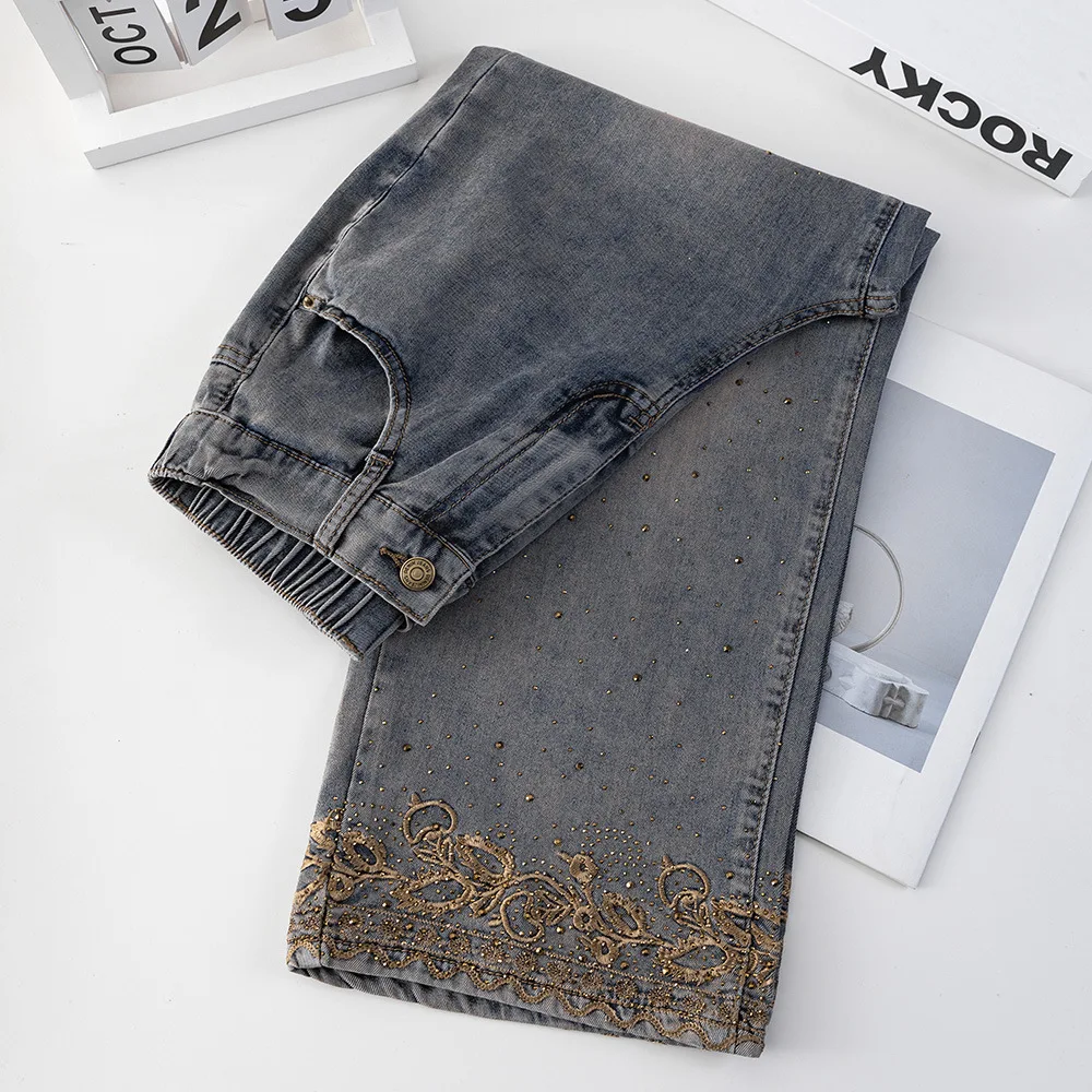 Jean droit taille haute extensible pour femme grande taille, style rétro avec broderie strass, pantalon capri pour femmes courbes, été 2026 - 2619