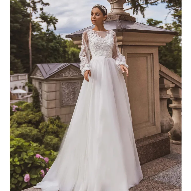 

Elegant Wedding Dresses A Line Long Sleeves Appliqued Lace Bridal Gowns Ruched Tulle Sweep Train Gorgeous Custom Made