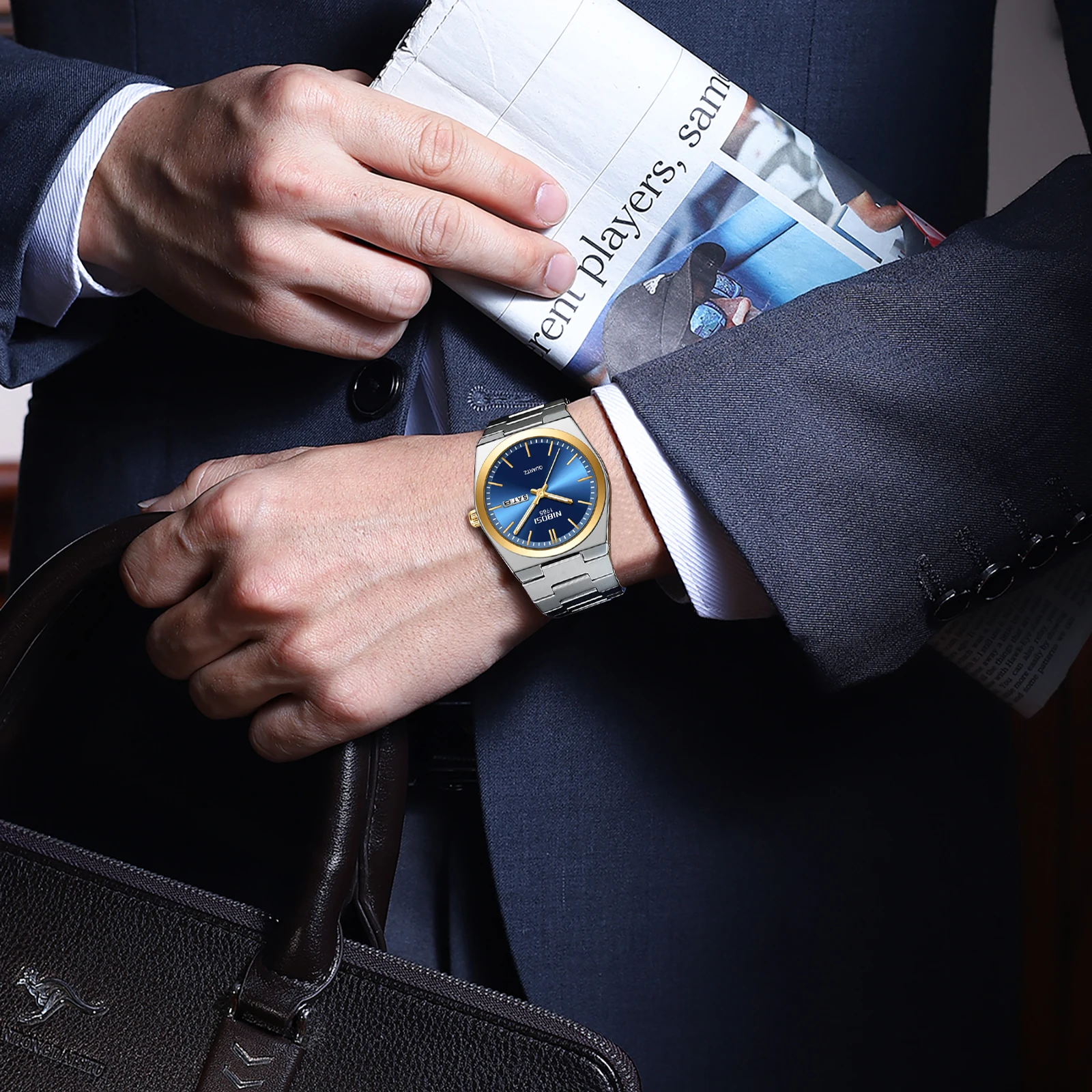 NIBOSI Fashion Mens Quartz Watches Gold Luminous Man Wristwatch Waterproof Calender Clock Stainless Steel Strap Male Watch