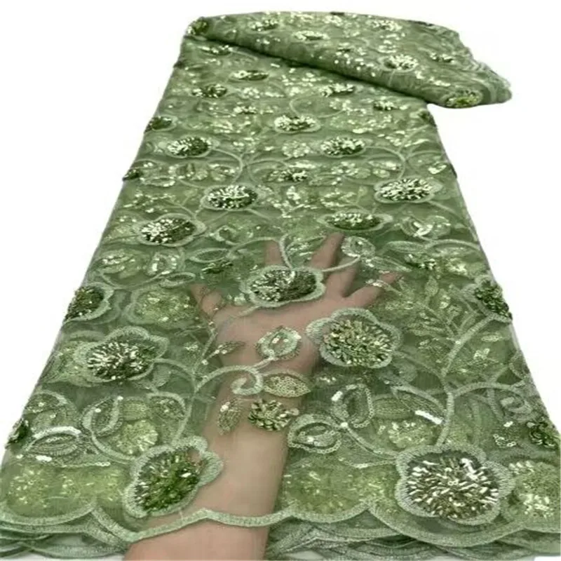 

2023 Green African Tulle Lace Fabric 5 Yards French Embroidery Mesh Lace with 3D Sequins for Nigerian Birdal Wedding Dresses