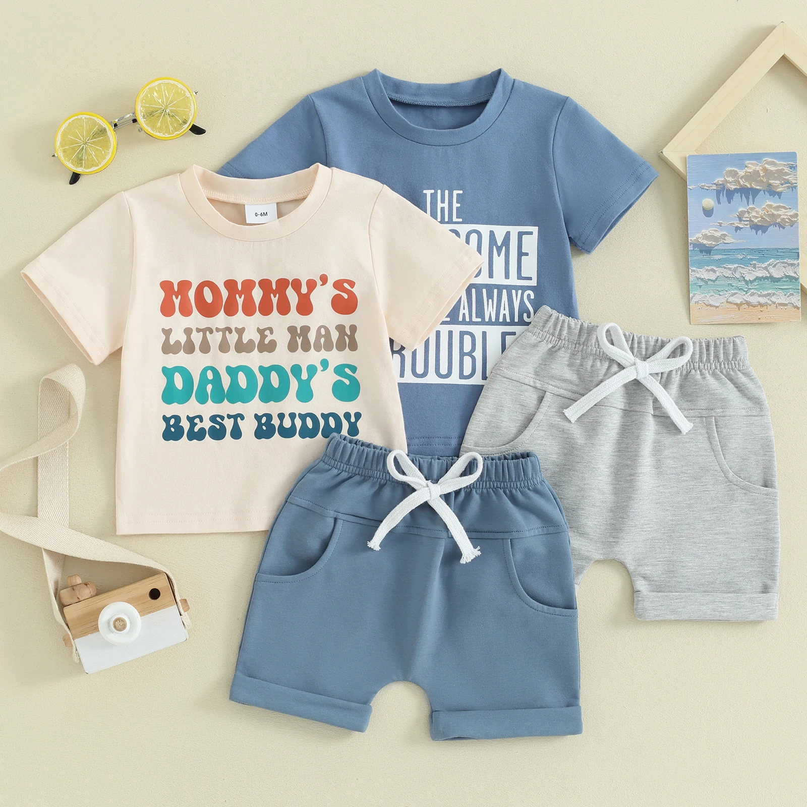0-3Y Toddler Baby Boys Clothes Sets 2pcs Short Sleeve Letter Print T Shirts Tops + Elastic Waist Shorts FOCUSNORM