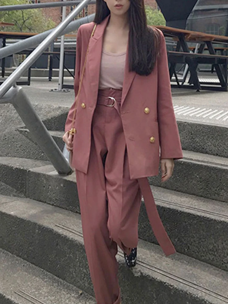 

Spring Autumn Women Vintage Business Trousers Suit Casual Breasted Blazer Jackets Straight Pants 2 Pieces Set Femme Chic Outfits