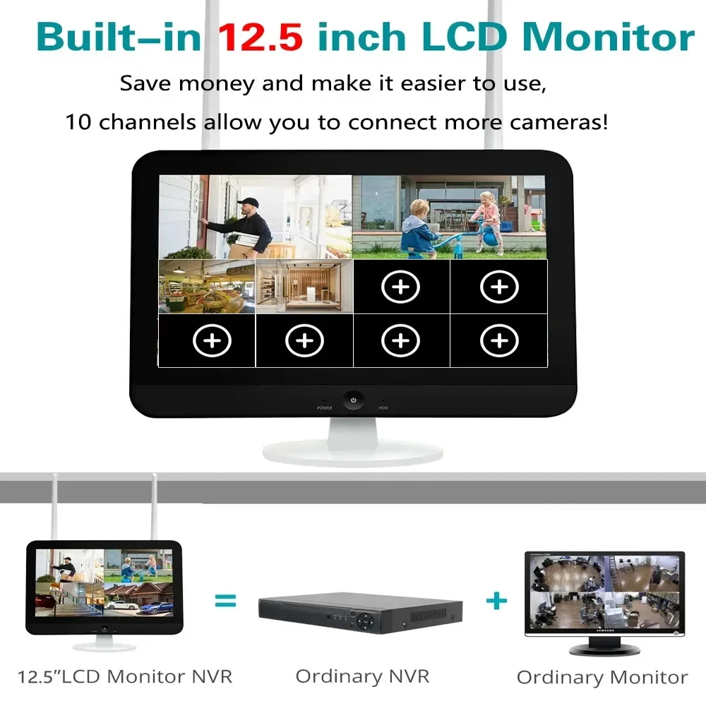 12.5 인치 10CH NVR 스마트 무선 Wifi 카메라 키트 8MP 10X 줌 PTZ 자동 트랙 야외 보안 카메라 비디오 감시 시스템