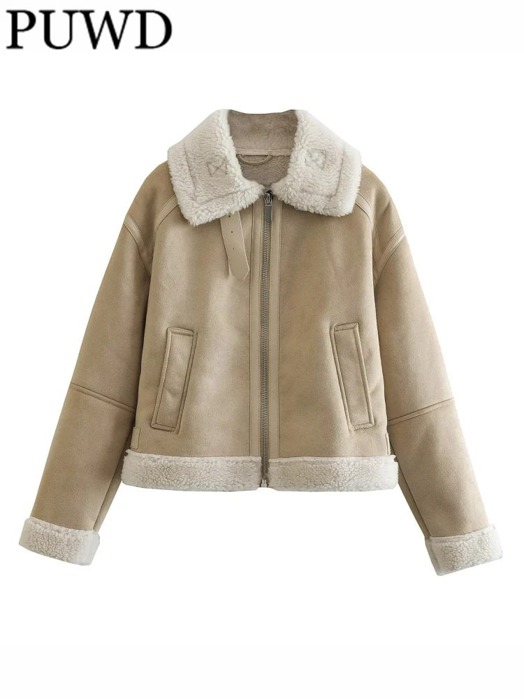 

PUWD Casual Women Khaki Lapel Fleece Reversible Short Jacket 2022 Fall/Winter Fashion Ladies Vintage Female Long Sleeve Outwears