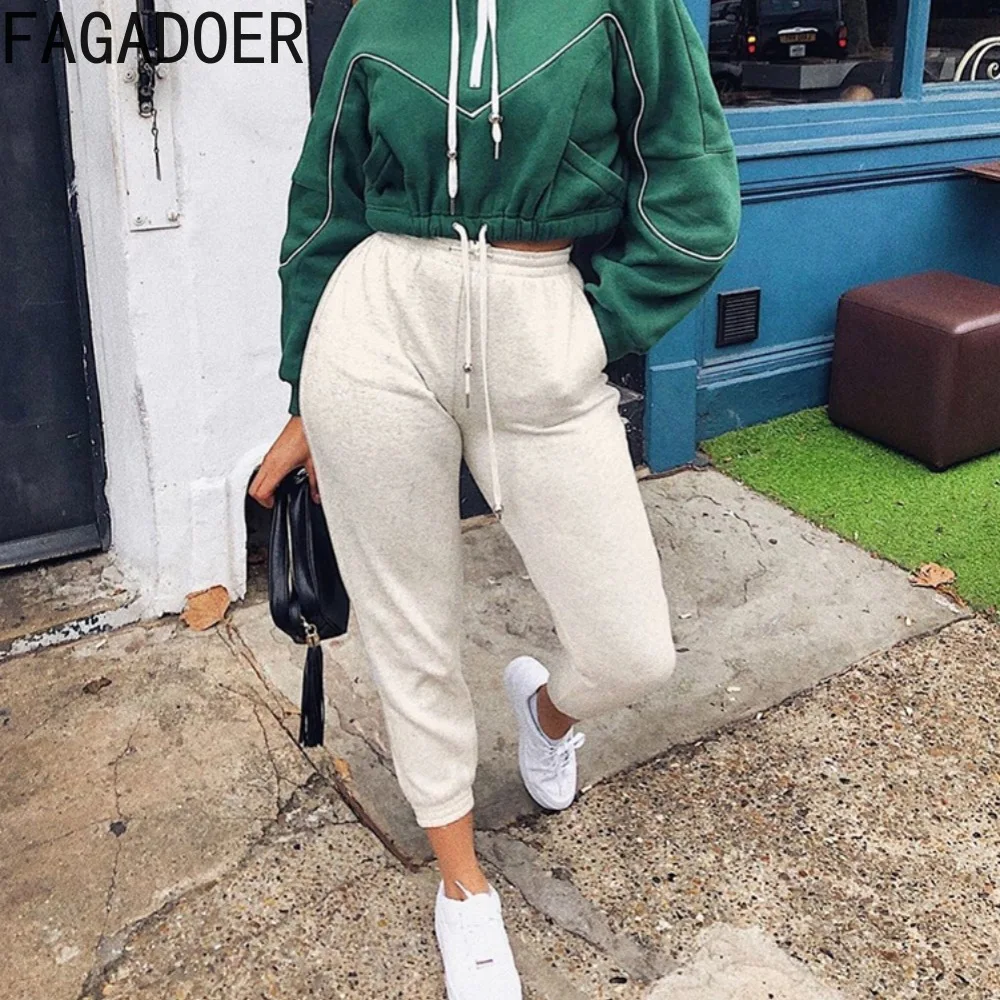 

FAGADOER Autumn Winter Drawstring Jogger Pants Women High Waisted Solid Color Sweatpants Casual Female Sporty Matching Trousers