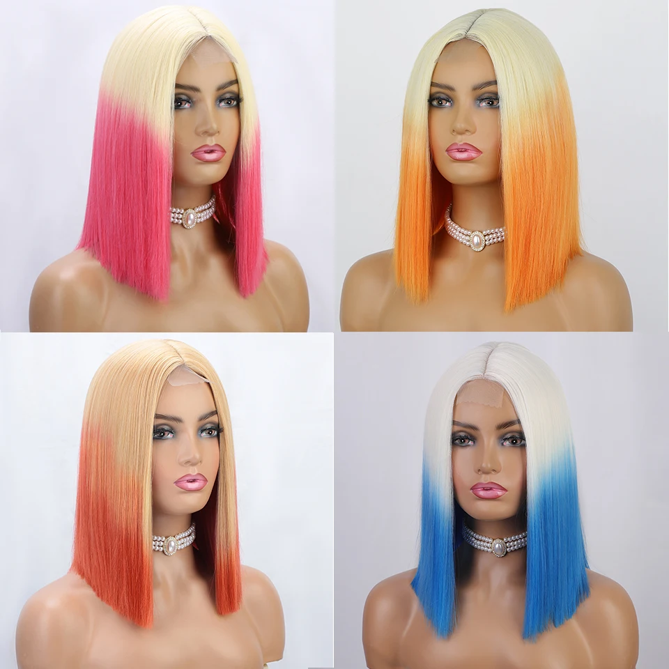 I's a wig Synthetic Wigs Short White Yellow Bob Wig Straight Middle Part Blonde Pink Orange Blue Party Cosplay Wigs for Women images - 6